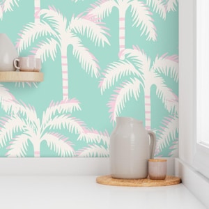 Tropical wallpaper, beach wallpaper, pastel wallpaper, maximalist wallpaper, beach house decor,  beach wallpaper, accent wallpaper