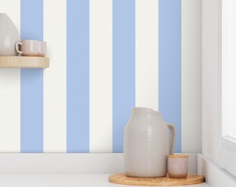 Pastel Blue & Cloud Dancer White Vertical Stripe Wallpaper – Large Scale | Calming Nursery Decor