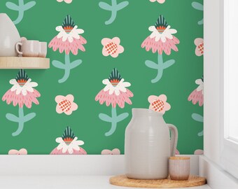 Funky Floral Removable Wallpaper, Green & Pink, Nursery Decor
