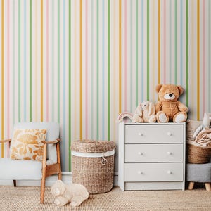 Modern pastel stripe wallpaper, rainbow stripe wallpaper, colorful kids wallpaper, Large vertical stripe wallpaper, Removable wallpaper