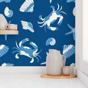 Sea life wallpaper, blue wallpaper, nautical wallpaper, crustacean wallpaper, Crab wallpaper, temporary wallpaper, removable wallpaper