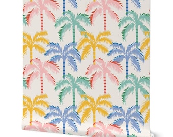 Tropical Palm Tree Wallpaper, Rainbow Pastel Colors, Removable Coastal Decor