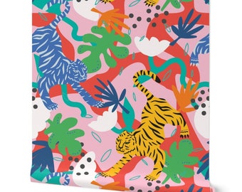 Playful Tiger Wallpaper, Colorful Nursery Decor, Removable Wallpaper