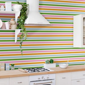 Colorful striped wallpaper, Kids room, colorful wallpaper, horizontal stripes wallpaper, Removable rental friendly wallpaper, preppy decor
