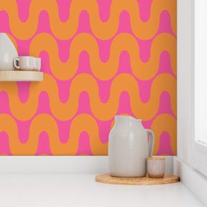 Pink and orange retro stripe wallpaper, funky wallpaper, pink striped wallpaper, kids colourful wallpaper, pink stripe wallpaper | Removable