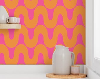 Retro Pink and Orange Wave Stripe Wallpaper, Removable