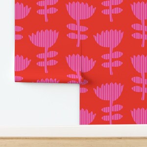 Dopamine wallpaper, hot pink wallpaper, bold wallpaper, red wallpaper, floral wallpaper, removable kids wallpaper, temporary wallpaper