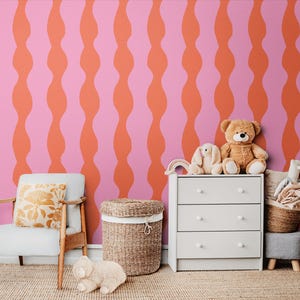 Pink and orange retro stripe wallpaper, funky wallpaper, pink striped wallpaper, kids colourful wallpaper, pink stripe wallpaper | Removable
