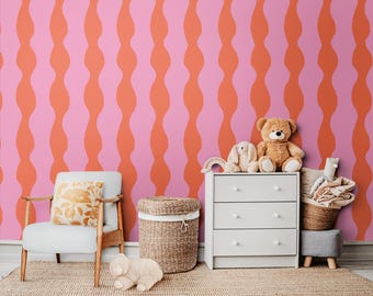 Pink and Orange Retro Stripe Wallpaper, Funky Removable Wallpaper