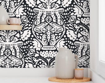 Black and White Floral Frog Vase Wallpaper, Removable