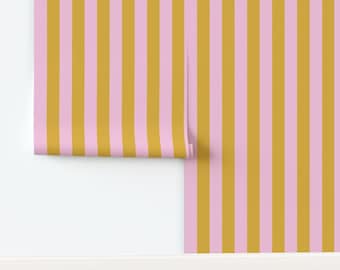 Mustard & Pink Stripe Wallpaper: Funky Removable Accent Wall Decor