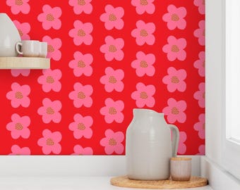 Bold Floral Wallpaper: Pink & Red Bright Flowers Scandinavian Design, Removable Peel and Stick