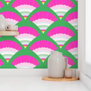 Bold and Bright Hot Pink and Kelly Green Scalloped Wallpaper - Funky Colorful Removable Peel and Stick Wallpaper - Modern Accent Wallpaper