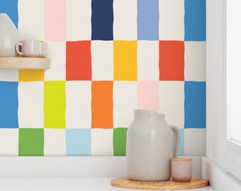 Maximalist decor, colorful wallpaper, kids wallpaper, modern check wallpaper. Removable rental wallpaper, rainbow wallpaper, accent wallpape