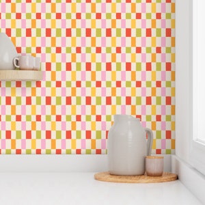 Accent wallpaper, retro wallpaper, funky mod wallpaper, colorful check wallpaper, kids wallpaper, 70s wallpaper, removable wallpaper.
