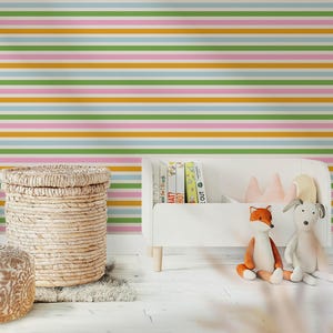 Modern rainbow stripe wallpaper, Colorful kids wallpaper, Horizontal stripe wallpaper, Removable  rental friendly wallpaper, Kids playroom.