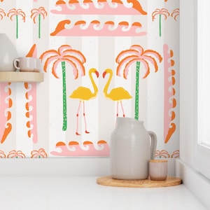 Preppy striped flamingo wallpaper, palm trees and flamingos pink orange yellow and green - Peel and Stick Wallpaper | Pre-pasted Wallpaper