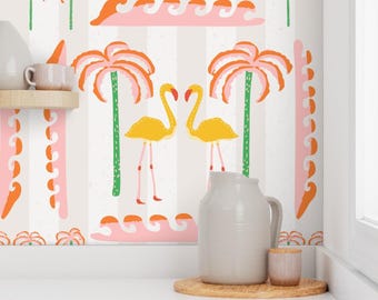 Preppy Flamingo Wallpaper: Pink Palm Trees, Removable Peel and Stick
