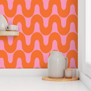 Pink and orange retro stripe wallpaper, funky wallpaper, pink striped wallpaper, kids colourful wallpaper, pink stripe wallpaper | Removable