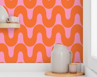 Pink and Orange Retro Wavy Stripe Wallpaper, Removable Peel and Stick | Pre Pasted