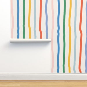 Modern hand drawn stripe wallpaper, rainbow stripe wallpaper, colorful kids wallpaper, Large vertical stripe wallpaper, Removable wallpaper