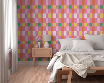 Pink Checkered Peel and Stick Wallpaper, Playful Modern Decor
