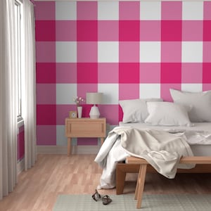 Pink wallpaper, hot pink wallpaper, gingham wallpaper, removable peel and stick wallpaper, temporary wallpaper, check wallpaper, pink girls