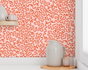 Abstract Squiggle Wallpaper, Red and Pink, Removable Peel and Stick