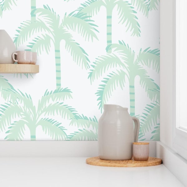 Pastel Palm Tree Wallpaper, Coastal Beach House Decor, Removable Peel and Stick