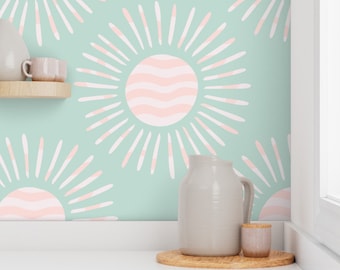 Mint Boho Sun Removable Wallpaper, Kids Playroom Decor