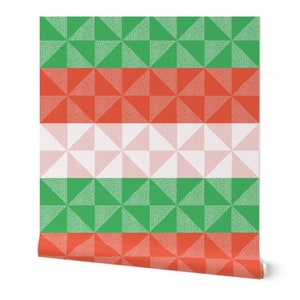 Christmas stripe wallpaper, patchwork wallpaper, green, red & pastel pink Christmas wallpaper | Removable festive wallpaper RENTER FRIENDLY