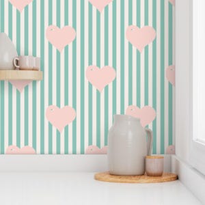 Preppy wallpaper, pastel striped wallpaper, heart wallpaper, nursery wallpaper, mint and white stripe wallpaper, girls bedroom wallpaper