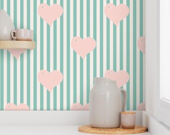 Preppy Heart Stripe Wallpaper: Pastel Mint Nursery Accent Wall