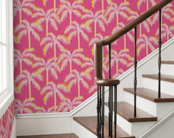 Pink Palm Tree Wallpaper, Tropical Beach House Decor