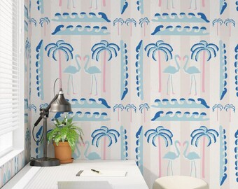 Preppy Flamingo Wallpaper: Pastel Pink & Blue Palm Trees, Peel and Stick