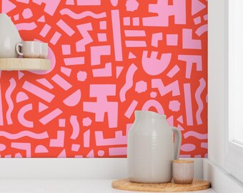 Funky Geometric Peel and Stick Wallpaper, Red Pink Accent