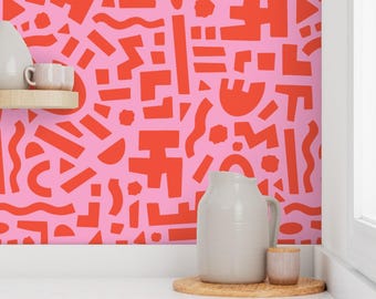 Geometric Abstract Wallpaper, Red and Pink, Removable Peel and Stick