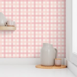 Pastel pink check wallpaper, gingham wallpaper, pink wallpaper, girls nursery wallpaper, Cottage-core wallpaper, Removable rental wallpaper