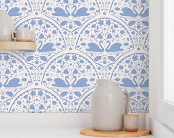 Art Deco Swan Wallpaper: Blue Floral Archway, Removable Wallpaper