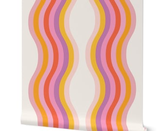 Retro 70s Stripe Wallpaper, Funky Wavy Lines, Removable