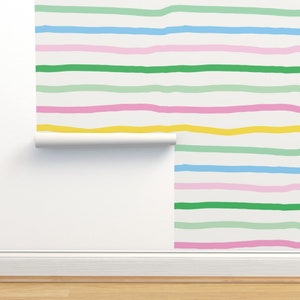 Modern hand drawn stripe wallpaper, rainbow pink stripe wallpaper, colorful kids wallpaper, horizontal stripe wallpaper, Removable wallpaper