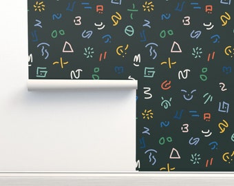 Kids colorful wallpaper, kids scribbles wallpaper, childrens playroom wallpaper , black wallpaper, Removable, RENTER FRIENDLY wallpaper