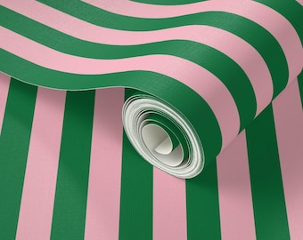 Preppy pink green stripe wallpaper, Cabana pin stripe accent wall, colorful home | removable peel and stick or pre pasted