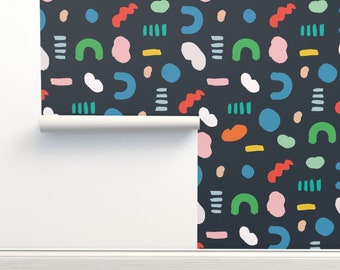 80s style wallpaper, abstract shapes in bright colors on black background,  Removable peel and stick | pre pasted RENTER FRIENDLY wallpaper
