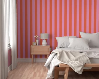 Bold Orange and Pink Striped Removable Wallpaper, Maximalist Decor