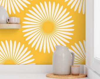Bright, happy modern yellow floral wallpaper. Removable peel and stick and pre pasted wallpaper in yellow & white. RENTER FRIENDLY wallpaper