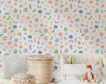 Pastel Abstract Shapes Wallpaper, Kids Nursery Decor, Removable Peel and Stick