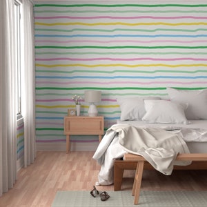 Modern hand drawn stripe wallpaper, rainbow pink stripe wallpaper, colorful kids wallpaper, horizontal stripe wallpaper, Removable wallpaper