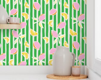 Citrus fruit wallpaper, green and white striped wallpaper, lemon wallpaper, Italian kitchen wallpaper, lemon wallpaper, Mediterranean style