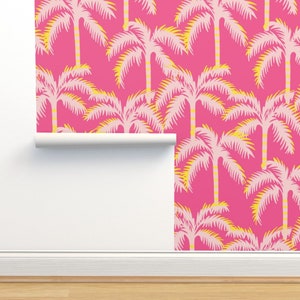 Coastal wallpaper, palm tree wallpaper, wallpaper tropical, pink wallpaper, beach house decor, funky wallpaper, accent wallpaper